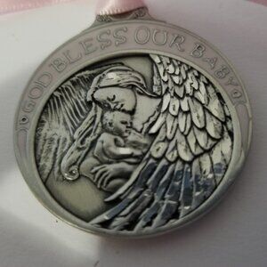 Pewter Baby With Angel Crib Medal With Pink Ribbon - Pendant